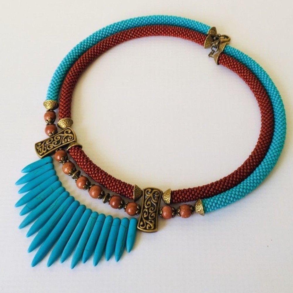 Turquoise Blue Brown Natural Stone Bead Necklace